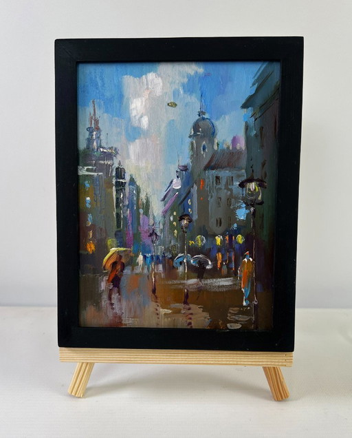 Original Oil Painting Gloomy Street Landscape Dynamics of the city during rain