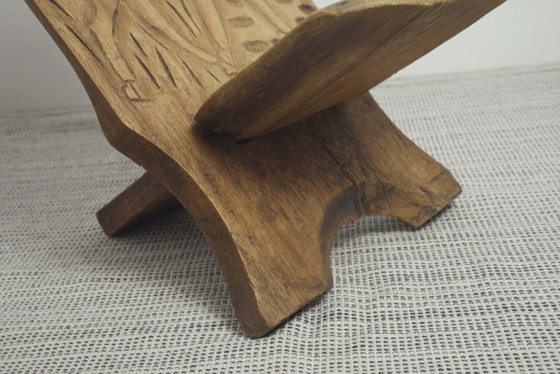 Carved African Hardwood Palaver Chair Low Collapsible Chair Folk Art Deer Carving Vintage Rustic Wooden (photo 7 of 12)