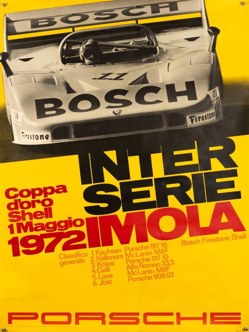 Orsche Interserie Imola 1972 – Póster Porsche vintage original de Atelier Strenger – Moderno de mediados de siglo – 102x76 cm