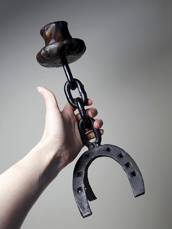 Image 1 of Vintage Brutalist Wrought Iron Candleholder Horseshoes Chain and Wood