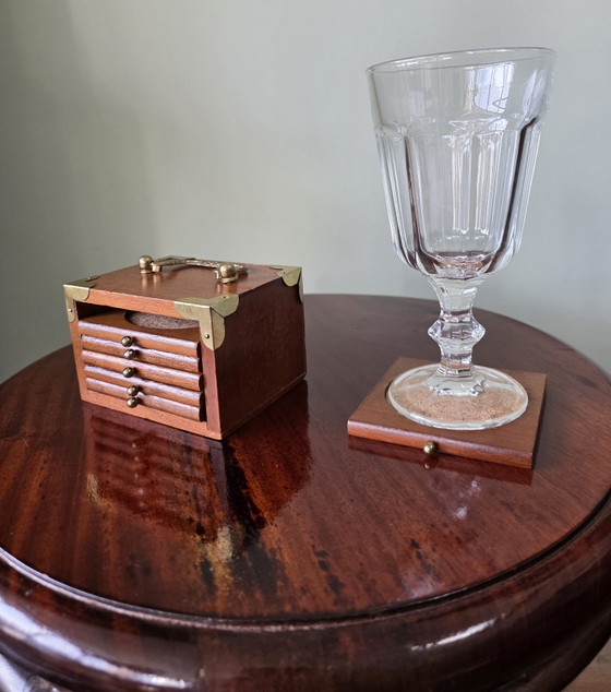 Image 1 of Set of 6 vintage wooden coasters with holder