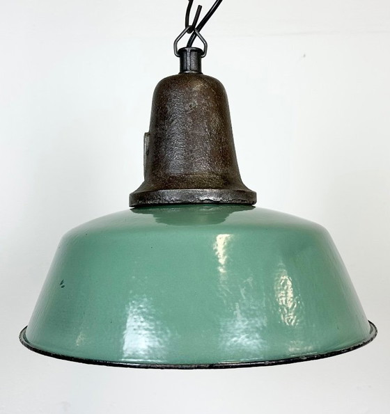 Image 1 of Industrial Green Enamel Factory Lamp with Cast Iron Top, 1960s