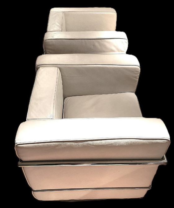 Vintage Fauteuil In Wit Leder – Stijl Le Corbusier LC2-Stijl – Designklassieker – Metal, Leather (photo 3 of 5)