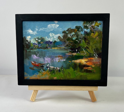 Original Oil Painting Summer Nature Landscape River with boats along the shore