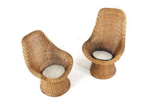 Set van 2 vintage rattan rotan stoelen fauteuils met kussentje