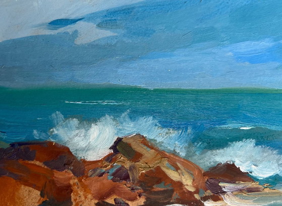 Image 1 of Peinture à l'huile originale représentant un paysage côtier marin. Les vagues se brisent sur les rochers.