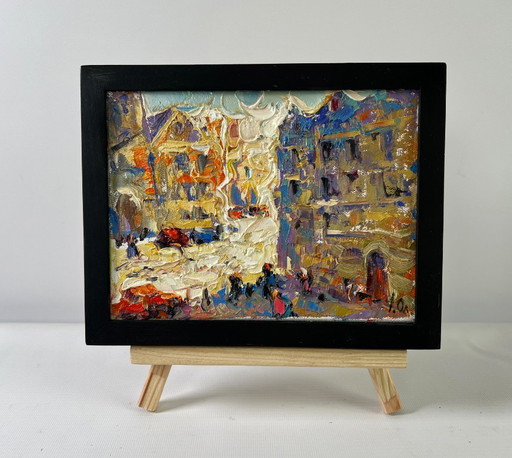 Original Oil Painting Day Street Landscape Twilight Over the City