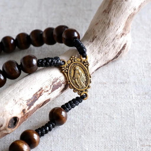 Exclusive Wood Beads, Marian Medal Centre, Durable Handmade Devotional, Catholic Gift