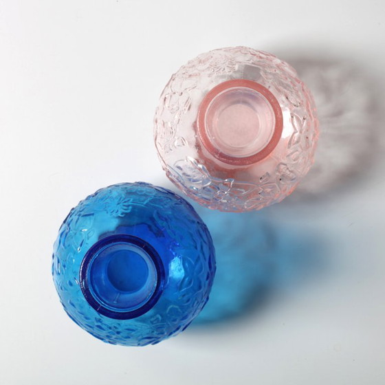 Image 1 of Set of 2 Vintage Pressed Glass Vases, Blue & Pink Floral Set, Italy 1960s