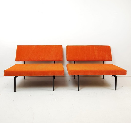 2 panche vintage Pastoe | Divanetti a due posti con nervature arancioni – fauteuils, Metal, Textile (photo 2 of 13)