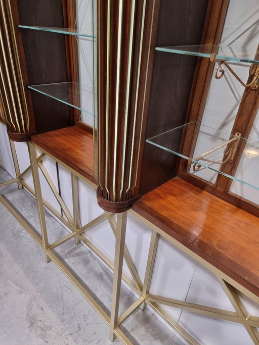 Divisorio per ambienti vintage Art Déco, vetrina in vetro e legno con illuminazione