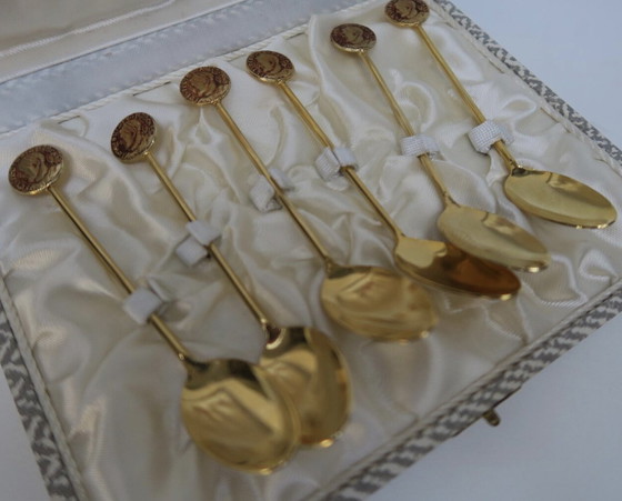 Image 1 of Set Of Six Golden Coffee Spoons. Vintage 1970