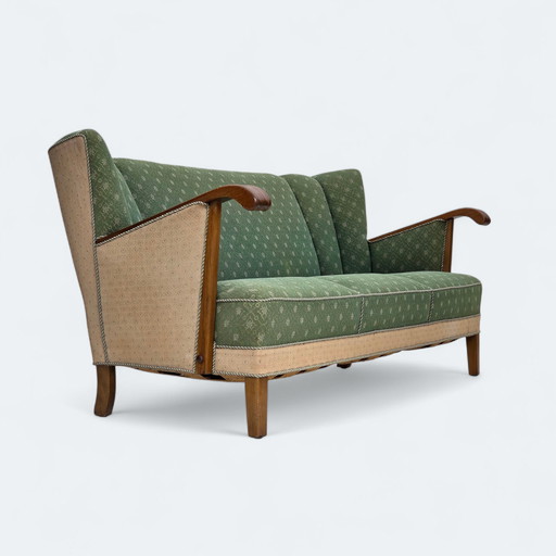 1950s, Danish 3-seater sofa, green/beige furniture wool fabric, oak wood.