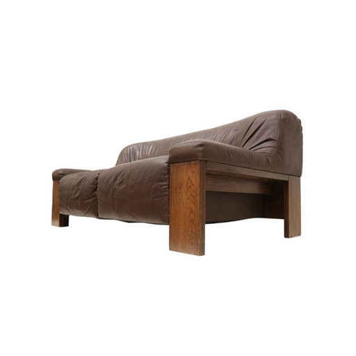 Brutalist 2-Sitzer Ledersofa - Braunes Leder mit Wengeholzrahmen