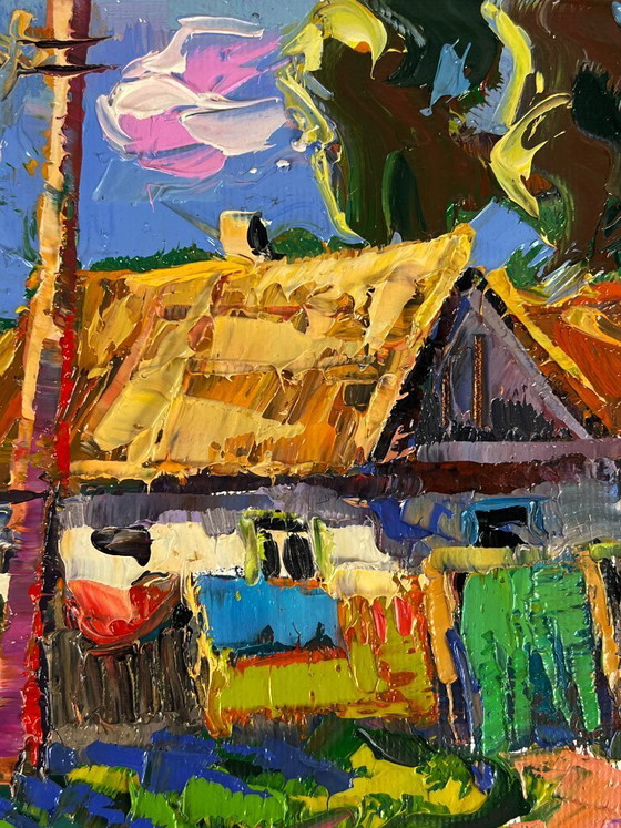 Image 1 of Peinture à l'huile originale représentant un paysage champêtre, une cour de maison et un week-end paisible au village.