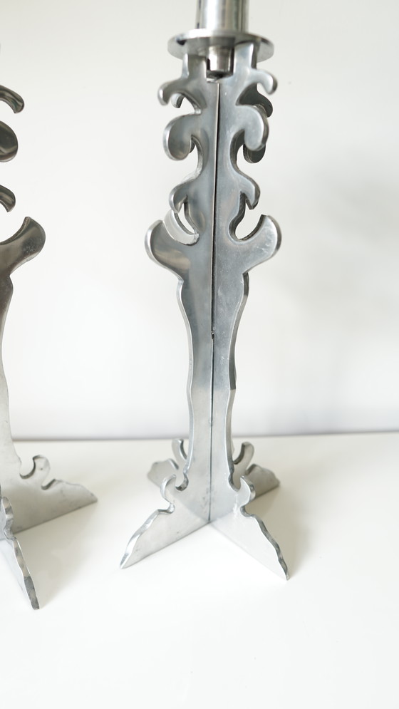 Image 1 of Pair of Brutalist candlesticks in vintage carved chromed metal - 1970s