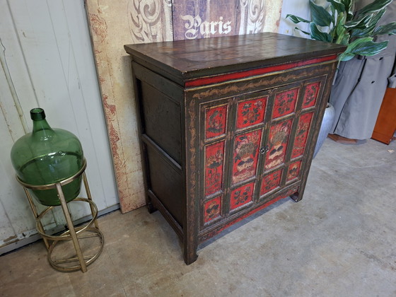 Image 1 of Antique hand-painted Napalese sideboard, chest of drawers, and wall table, dimensions 90x50cm and 94cm high.