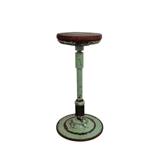 Adjustable stool, mint green metal and brown leather, Vintage (photo 3 of 13)
