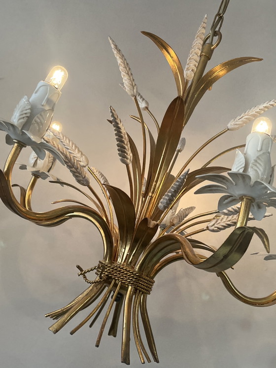 Image 1 of Vintage original design Hans Kögl chandelier pendant lamp gold wheat ears Coco Chanel style