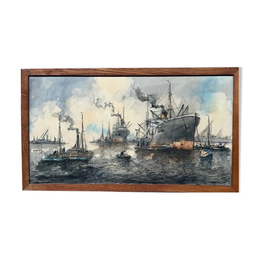 Painting painting "view of the port" – schilderijen tekeningen, Paper, Vintage