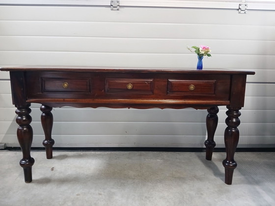Antique style console table / hall table with brass ring fittings., Wood, Brown (photo 2 of 10)