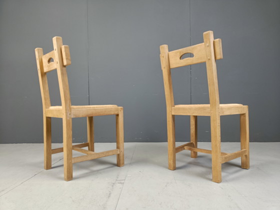 Image 1 of Set van 6 eiken en rieten Brutalistische eetkamerstoelen, 1960S