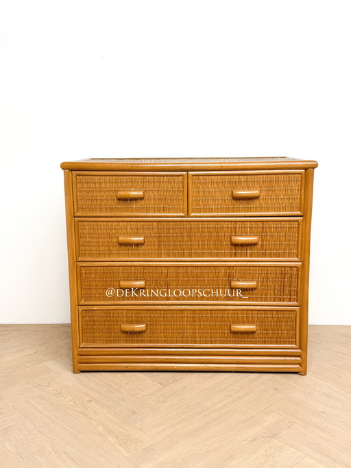 Vintage rattan wicker bamboo chest of drawers