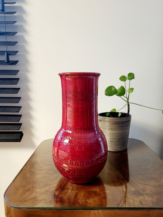 Image 1 of Vaso Bitossi, ceramica smaltata rossa, decoro Riminini, Aldo Londi, anni '60 in Italia