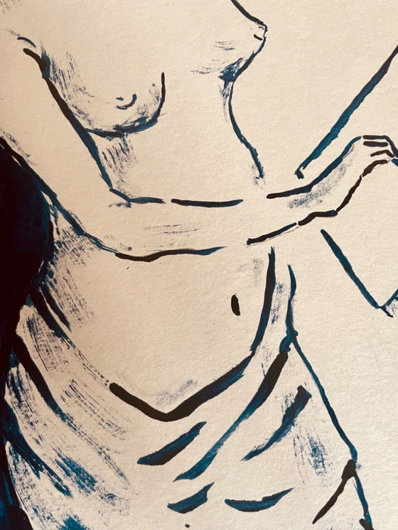 Image 1 of Indigo Blue Ink Painting "Female Model Drawing in the Painter's Studio"