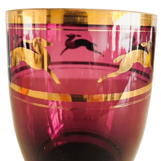 Image 1 of Antique small glass vase, amethyst, purple glass, golden deer, 1930s