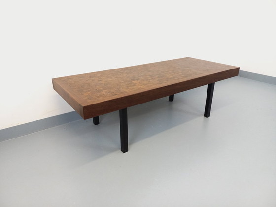 Image 1 of Vintage rectangular coffee table by Dieter Wackerlin in wenge wood mosaic and black metal legs from the 60s/70s