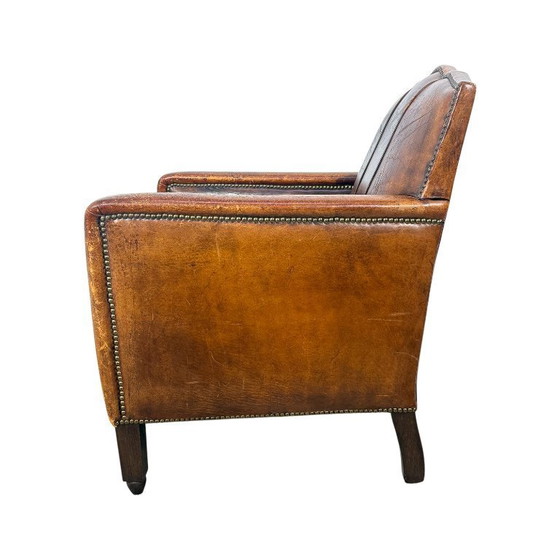 Image 1 of Antieke Franse moustache fauteuil – cognac leren clubstoel – begin 20e eeuw