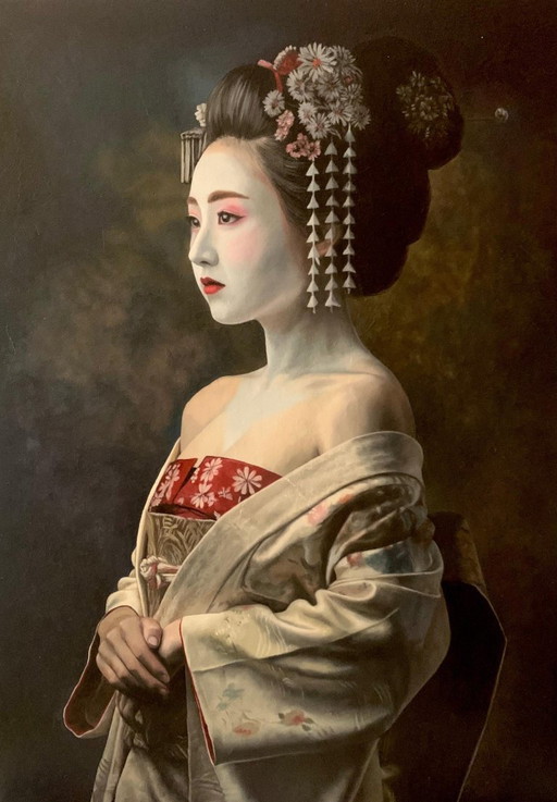 Hand-Signed Oil Painting – Geisha (Maiko) – ‘Vigilia de Seda y Margaritas’ – J. Hanter – 70 x 50 cm