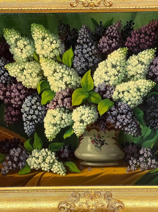 Schilderij gesigneerd "Stilleven met seringen". – schilderijen tekeningen, Canvas (photo 2 of 7)
