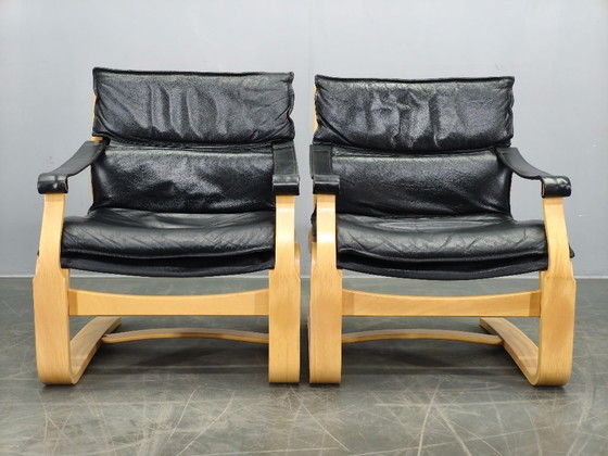 Image 1 of Een paar leren fauteuils van Åke Fribytter voor Nelo Kroken, jaren 60.