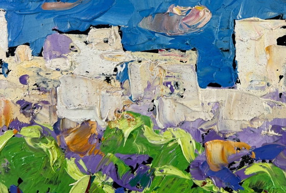 Image 1 of Original Oil Painting Summer Houses Landscape Big city lights