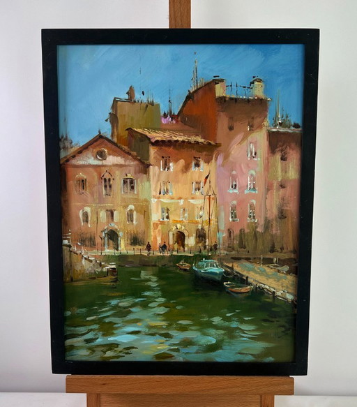 Original Oil Painting Coastal House Landscape Walking through the city streets
