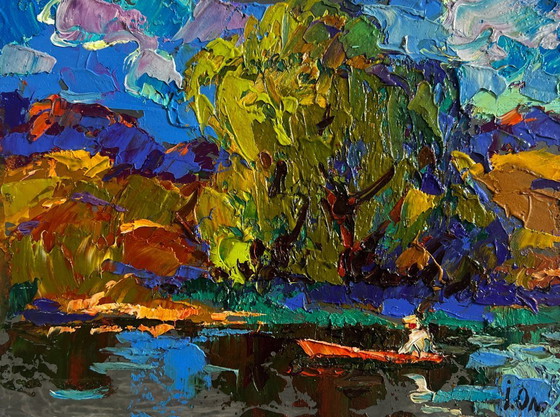 Image 1 of Original Oil Painting Summer Coastal Landscape The boat is sailing on the lake
