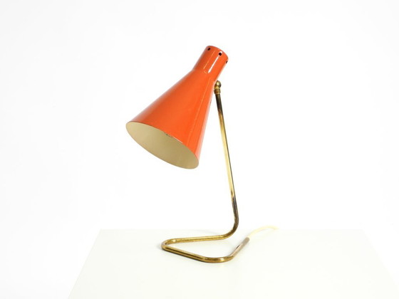 Image 1 of Beautiful, Large Mid-Century Modern Brass Table Lamp with a Brick-Red Shade