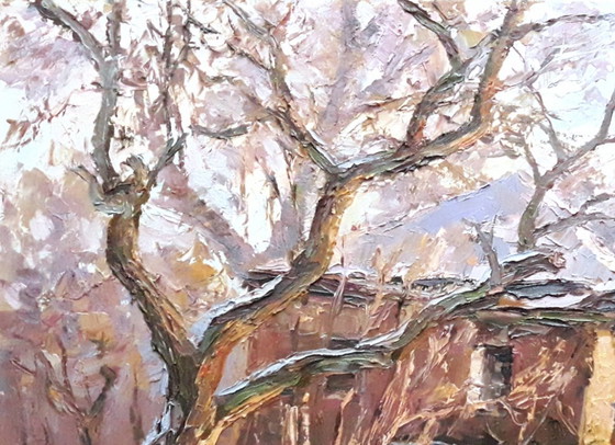 Original Oil Painting Rural Landscape Village Yard Old House Old Apple Tree – Paintings & Drawings, Canvas (photo 7 of 8)