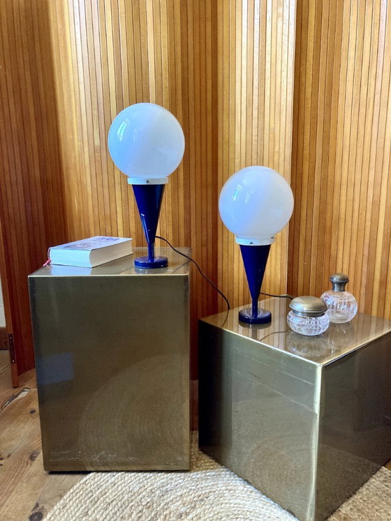 Image 1 of Pair of table lamps, blue metal bases and opaline globes, 1970s-80s