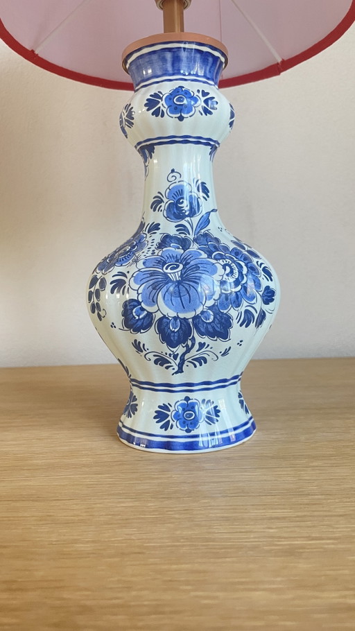 Vintage Handmade Table Lamp (42cm) – Classic Delft Blue Base with Orange Linen Shade