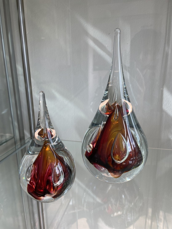Image 1 of Ozzaro Studio-Kunstglas „Regentropfen“, signiertes orange-rotes Kristall aus Böhmen