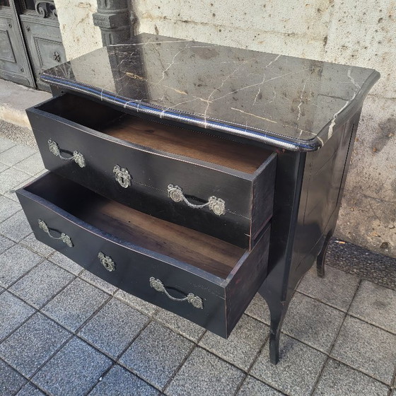 Image 1 of Black Louis XV style chest of drawers, ebonized wood and marble, Vintage, 20th century – France