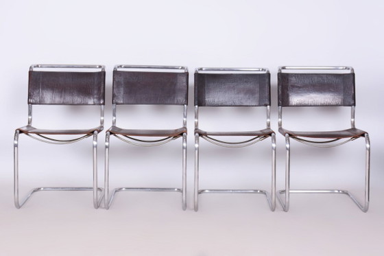 Set van vier originele Bauhaus-stoelen, echt leer, chroom, Duitsland, jaren 1930 – Eetkamerstoelen, Leather (photo 3 of 11)