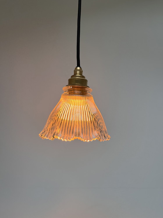 Image 1 of Vintage French ribbed glass pendant lamp