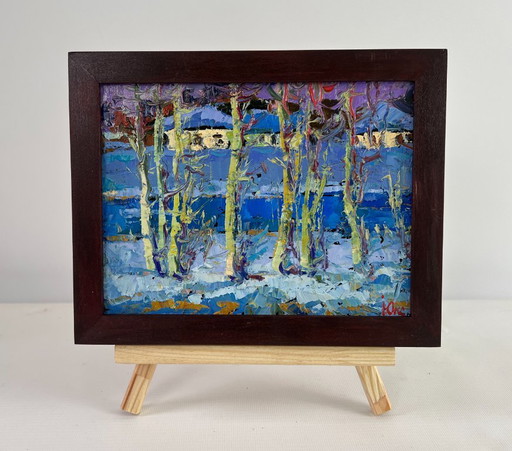 Original Oil Painting Night Village Landscape The first breath of spring