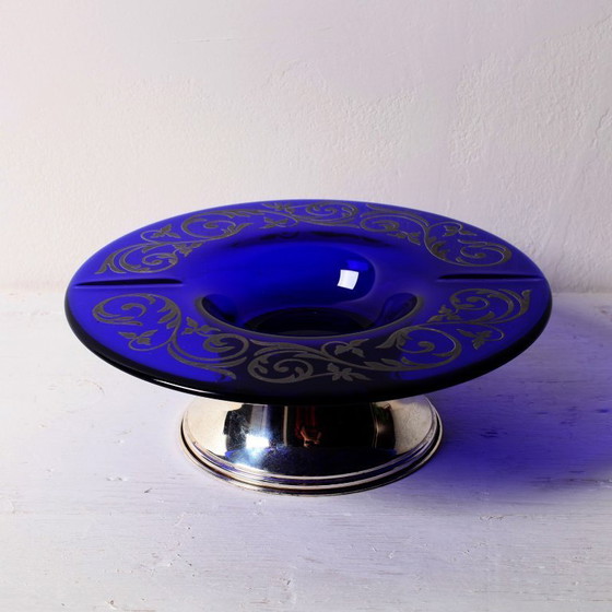 Image 1 of Mid-cetury Rare Cobalt Blue Crystal and Silver Bowl / Fani Argento / Florence / Italy / 1930s