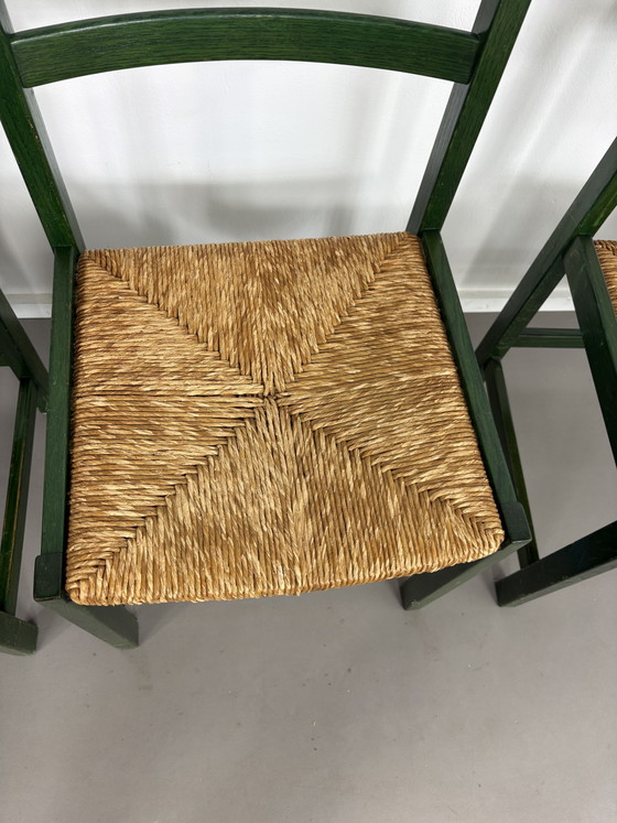 4 Esszimmerstühle aus Buche, grün lackiert, mit Binsensitz – Wood, Wicker, Vintage (photo 5 of 9)