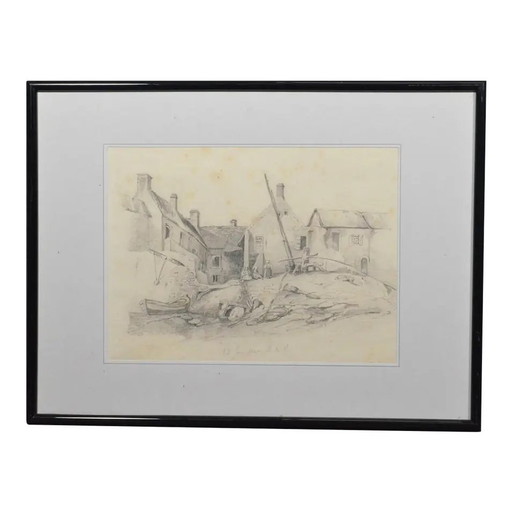 Franse School 1840 Antieke Potloodtekening van een Kustdorp en Vissersboten